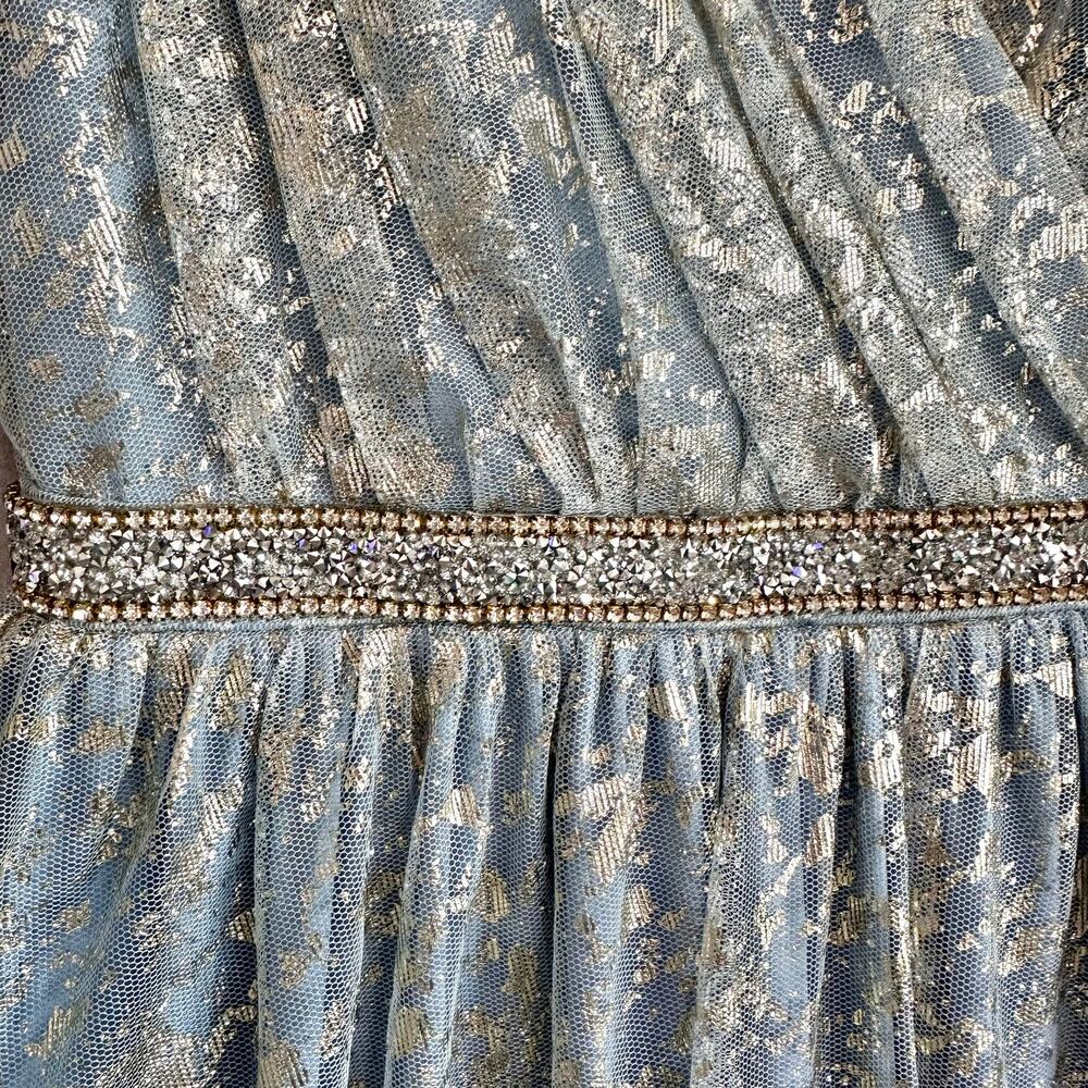 Teeze Me Metallic Foil Pleated V-Neck Gown From David's Bridal Light Blue Sz 5 - Picture 8 of 16